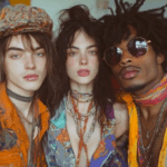3 Personen im Indie/Rock-Style nebeneinander, nähere Aufnahme, ausgefallene bunte Kleidung/Accessoires, ernste Blicke