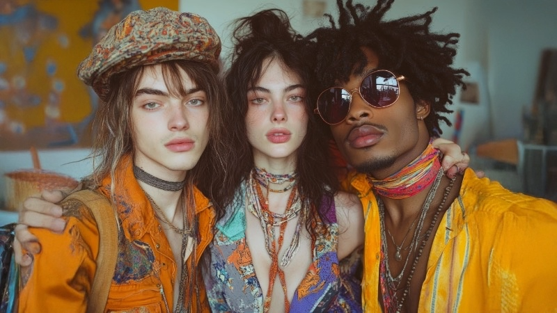 3 Personen im Indie/Rock-Style nebeneinander, nähere Aufnahme, ausgefallene bunte Kleidung/Accessoires, ernste Blicke