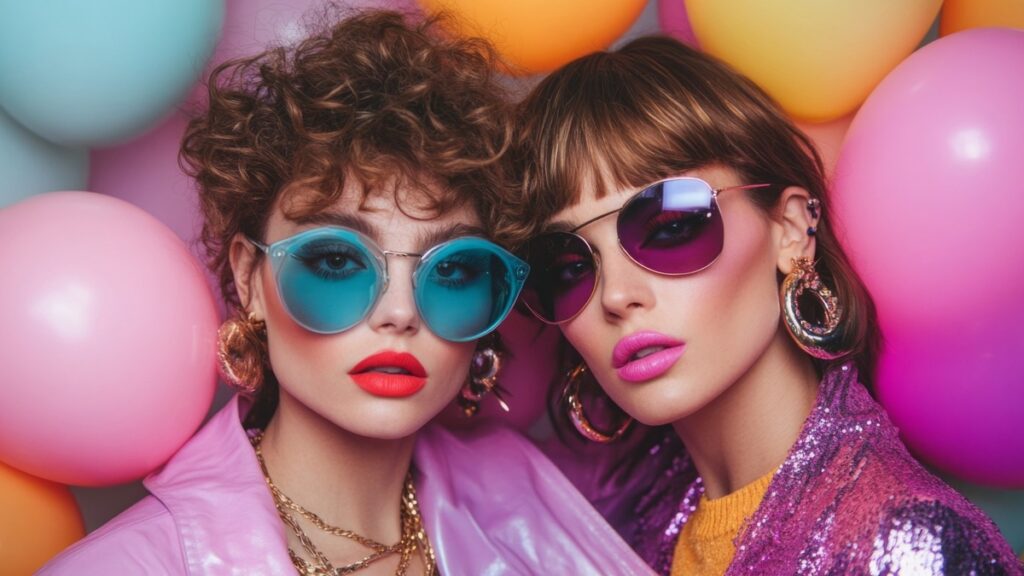 Zwei Frauen mit stylischen Festival-Frisuren und Sonnenbrillen stehen vor bunten Luftballons