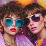 Zwei Frauen mit stylischen Festival-Frisuren und Sonnenbrillen stehen vor bunten Luftballons