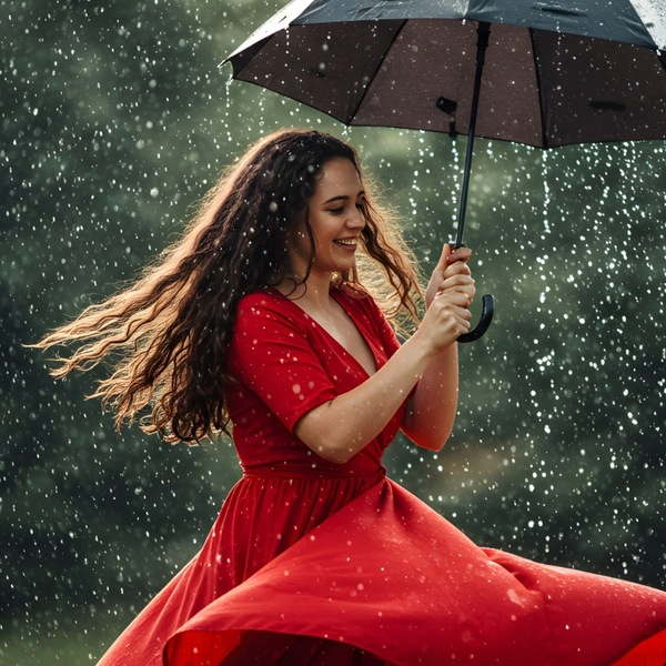 Frau im roten Kleid hält einen Regenschirm bei Regen auf einem Festivalgelände