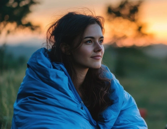 Frau sitzt im Gras und hat sich einen Schlafsack um die Schultern gelegt, um sich zu wärmen – im Hintergrund ein stimmungsvoller Sonnenaufgang über dem Festivalgelände.