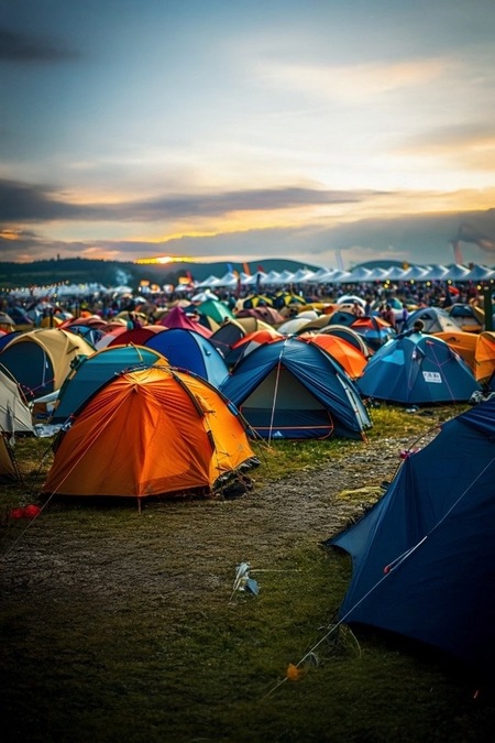 Campingplatz voll mit Zelten in orange, blau etc., leicht trübes Wetter