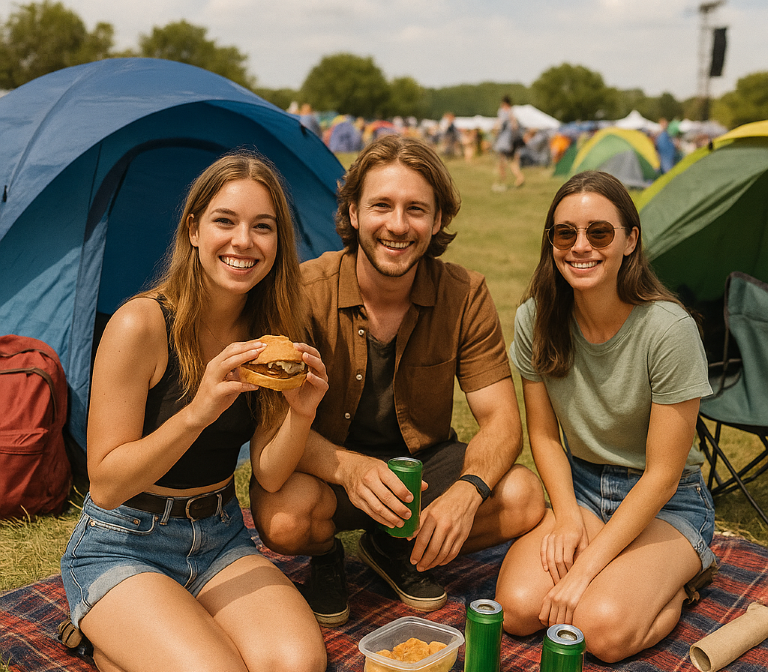 3 Menschen auf einer Picknickdecke glücklich zusammen, eine isst einen Burger, Zeltplatz im Hintergrund